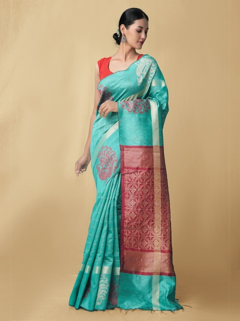 

Unnati Silks Green & Maroon Woven Design Zari Pure Linen Jamdani Saree