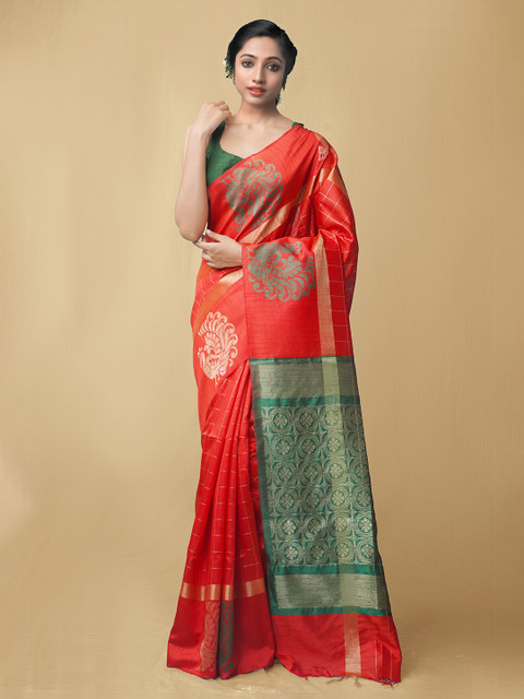 

Unnati Silks Red & Green Woven Design Pure Linen Jamdani Saree