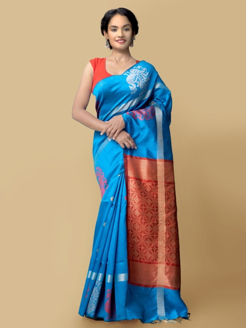

Unnati Silks Blue & Red Woven Design Zari Pure Linen Jamdani Saree