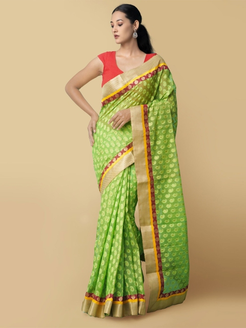 

Unnati Silks Green & Gold-Toned Woven Design Zari Silk Cotton Banarasi Saree