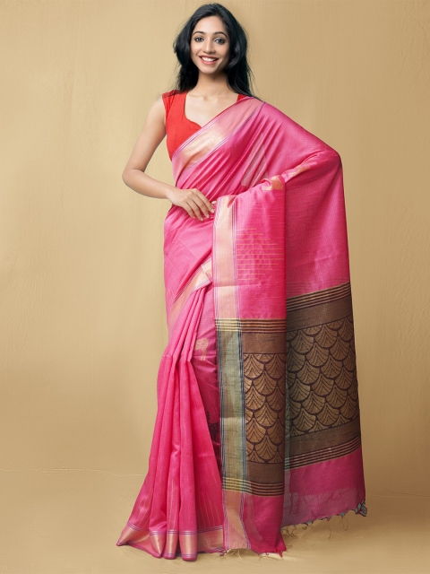 

Unnati Silks Pink & Black Ethnic Motifs Pure Linen Jamdani Saree