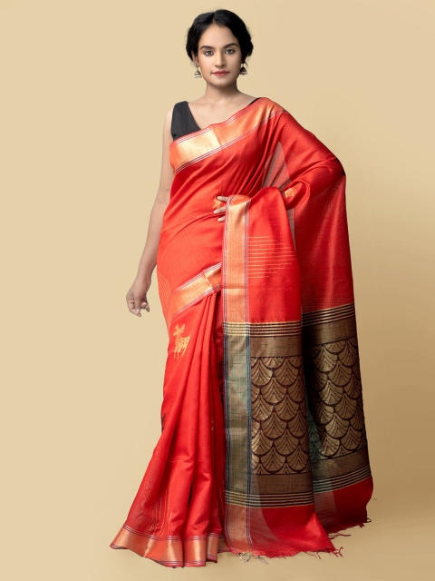 

Unnati Silks Red & Maroon Woven Design Zari Pure Linen Jamdani Saree