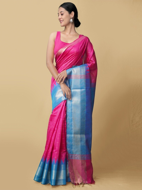 

Unnati Silks Pink & Blue Checked Zari Pure Linen Jamdani Saree