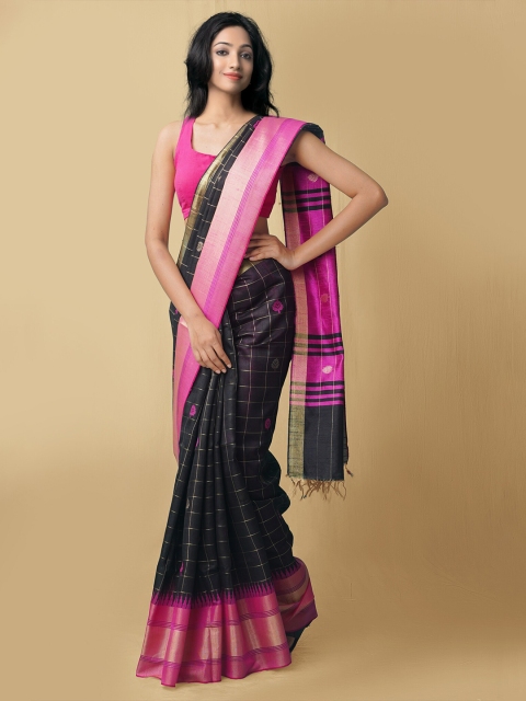 

Unnati Silks Black & Pink Checked Zari Pure Linen Jamdani Saree