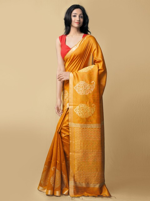 

Unnati Silks Yellow & Gold-Toned Woven Design Zari Pure Linen Jamdani Saree