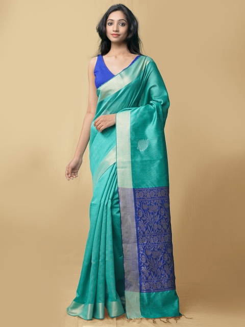 

Unnati Silks Green & Blue Woven Design Zari Pure Linen Jamdani Saree
