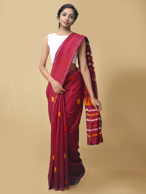 

Unnati Silks Women Maroon & Mustard Pure Batik Chanderi Sico Sustainable Saree