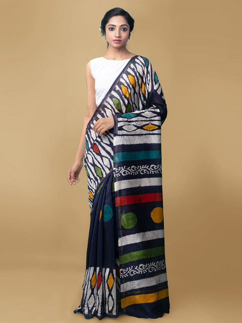 

Unnati Silks Women Navy Blue & White Pure Batik Chanderi Sico Sustainable Saree