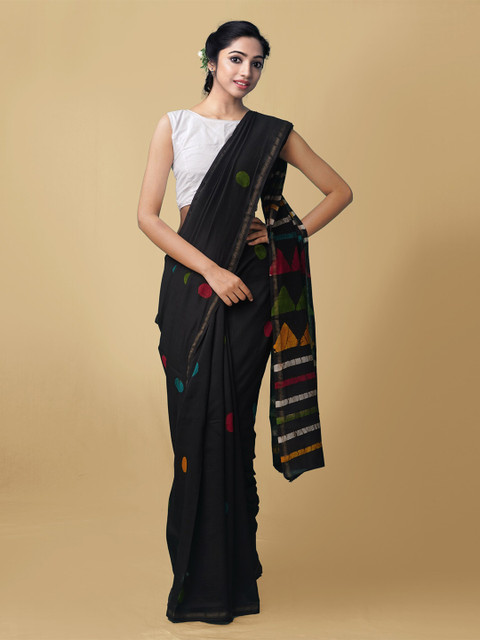 

Unnati Silks Women Black & Yellow Pure Batik Chanderi Sico Sustainable Saree