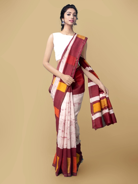 

Unnati Silks Cream-Coloured & Red Batik Zari Silk Cotton Chanderi Saree