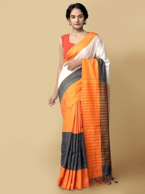 

Unnati Silks Orange & Cream-Coloured Colourblocked Pure Linen Jamdani Saree