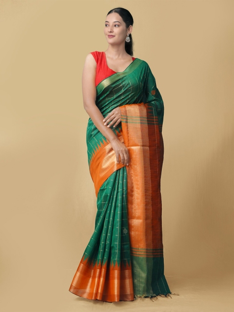 

Unnati Silks Green & Orange Woven Design Zari Pure Linen Jamdani Saree