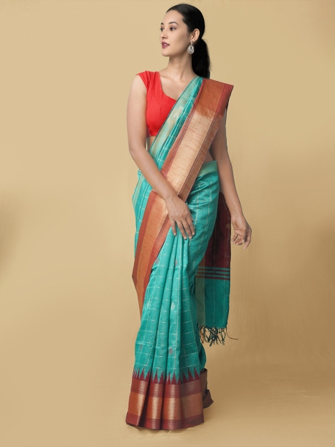 

Unnati Silks Green & Maroon Checked Zari Pure Linen Jamdani Saree