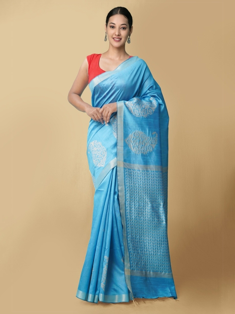 

Unnati Silks Blue & Gold-Toned Ethnic Motifs Zari Pure Linen Jamdani Saree