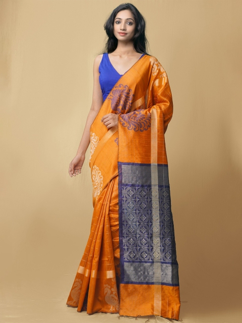 

Unnati Silks Orange & Blue Woven Design Zari Pure Linen Jamdani Saree