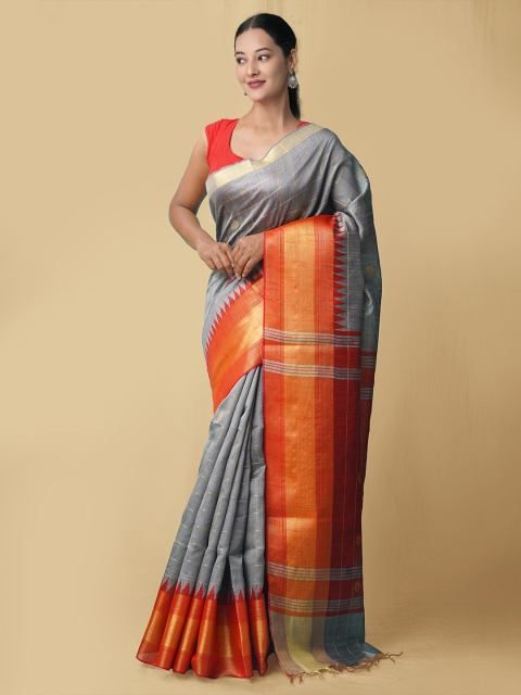 

Unnati Silks Grey & Red Woven Design Zari Pure Linen Jamdani Saree