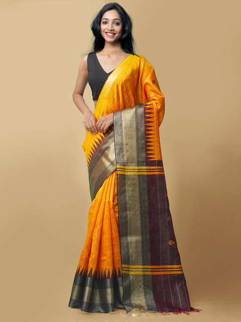 

Unnati Silks Orange & Maroon Checked Zari Pure Linen Jamdani Saree