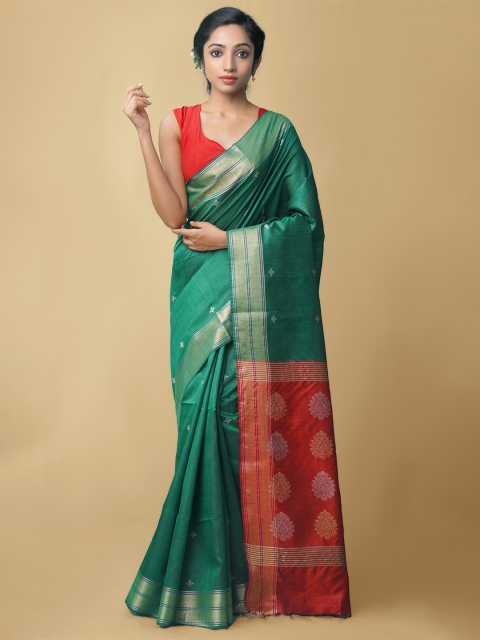 

Unnati Silks Green & Red Woven Design Zari Pure Linen Jamdani Saree