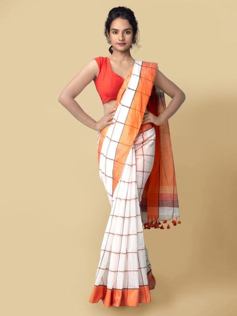 

Unnati Silks Women White & Orange Pure Handloom Bengal Linen Sustainable Saree