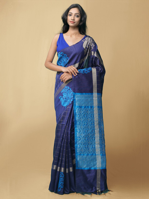 

Unnati Silks Navy Blue & Gold-Toned Woven Design Zari Pure Linen Jamdani Saree