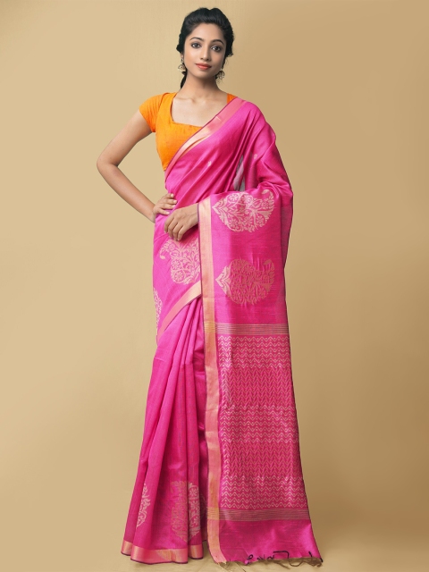 

Unnati Silks Pink & Gold Woven Design Zari Pure Linen Jamdani Saree