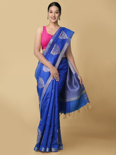 

Unnati Silks Blue & Silver-Toned Ethnic Motifs Zari Pure Linen Jamdani Saree