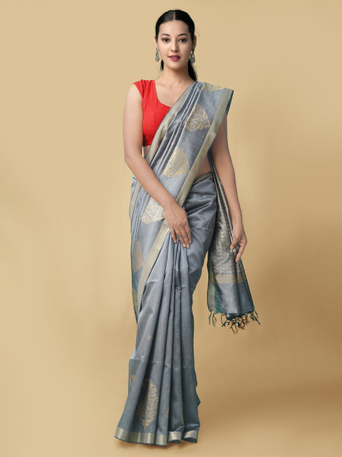 

Unnati Silks Grey & Gold-Toned Woven Design Zari Pure Linen Jamdani Saree