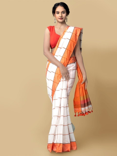 

Unnati Silks Women White & Orange Pure Handloom Bengal Linen Sustainable Saree