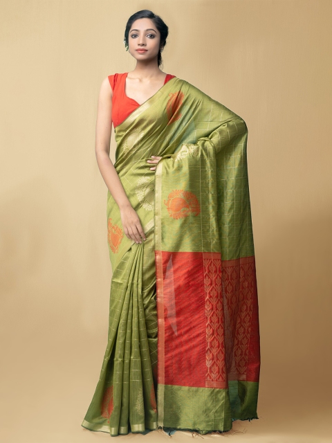 

Unnati Silks Green & Orange Woven Design Zari Pure Linen Jamdani Saree