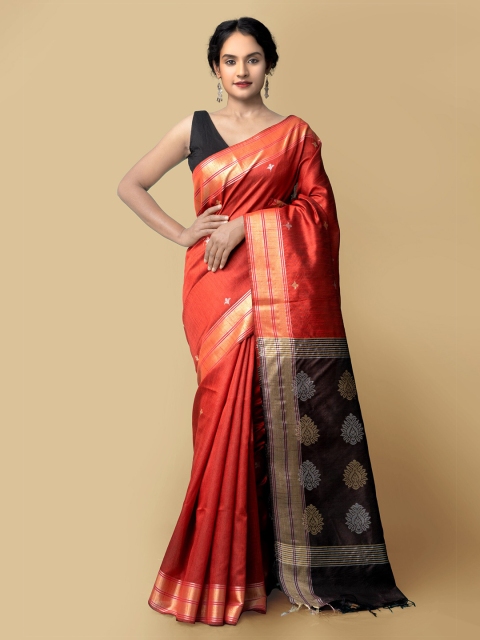 

Unnati Silks Red & Black Woven Design Zari Pure Linen Jamdani Saree