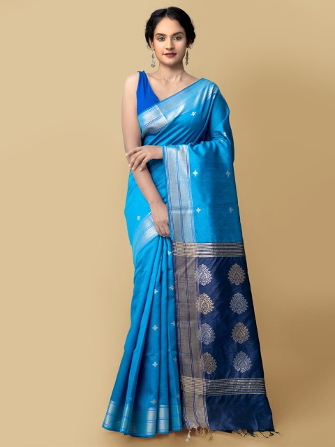 

Unnati Silks Blue & Gold-Toned Ethnic Motifs Zari Pure Linen Jamdani Saree