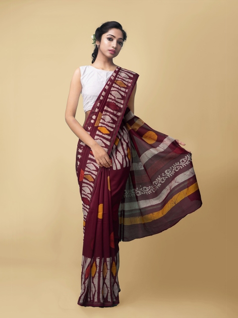 

Unnati Silks Women Maroon & White Pure Batik Chanderi Sico Sustainable Saree