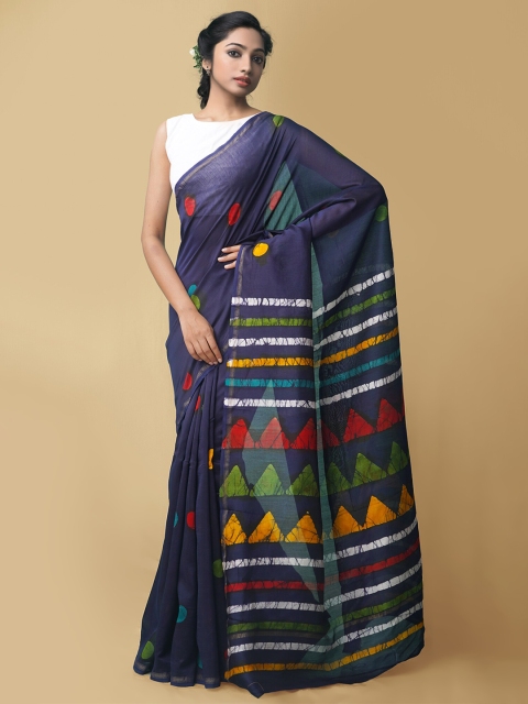 

Unnati Silks Women Navy Blue & White Pure Batik Chanderi Sico Sustainable Saree