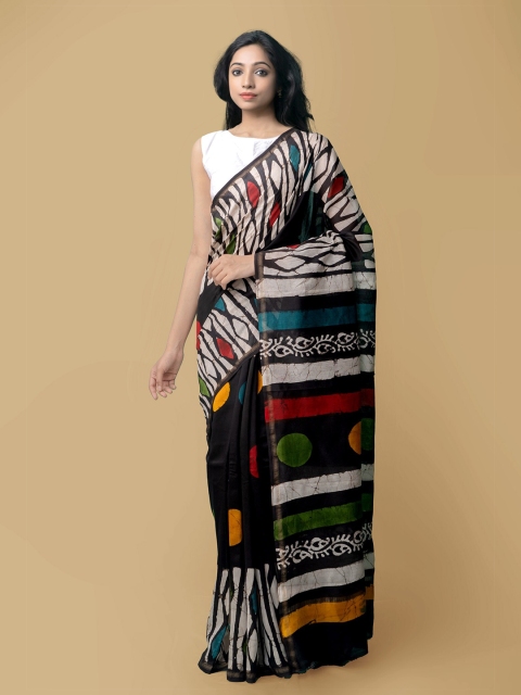 

Unnati Silks Black & White Batik Zari Silk Cotton Chanderi Saree
