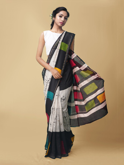 

Unnati Silks Women Cream-Coloured & Black Pure Batik Chanderi Sico Sustainable Saree