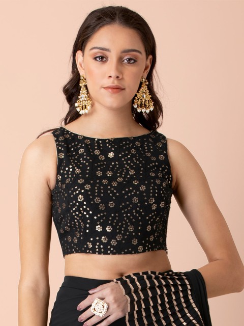 

INDYA Black & Gold-Toned Embellished Fitted Crop Top