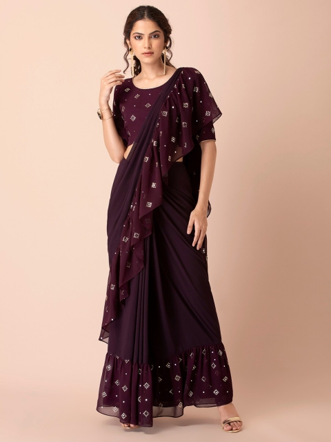 

INDYA Burgundy & Gold-Toned Mukaish Foil Ruffled Embellished Saree