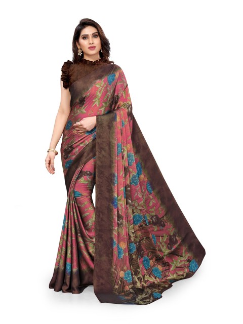 

KALINI Pink & Blue Floral Bagh Chiffon Saree