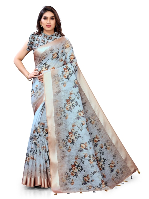 

KALINI Grey & Rust Floral Bagh Cotton Saree