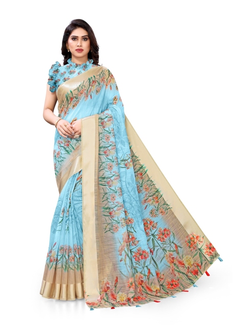 

MIRCHI FASHION Turquoise Blue & Orange Floral Saree