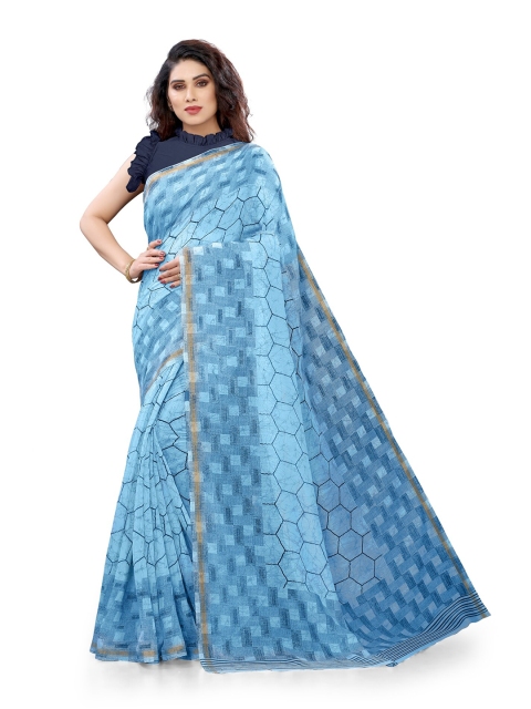 

KALINI Turquoise Blue & Gold-Toned Cotton Zari Saree