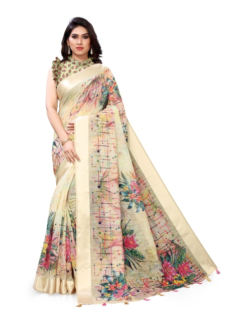 

KALINI Yellow & Pink Floral Printed Bagh CottonSaree