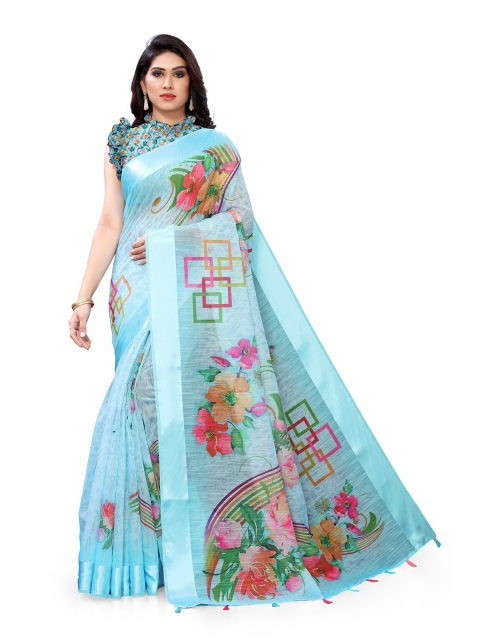 

KALINI Turquoise Blue & Pink Floral Bagh Cotton Saree