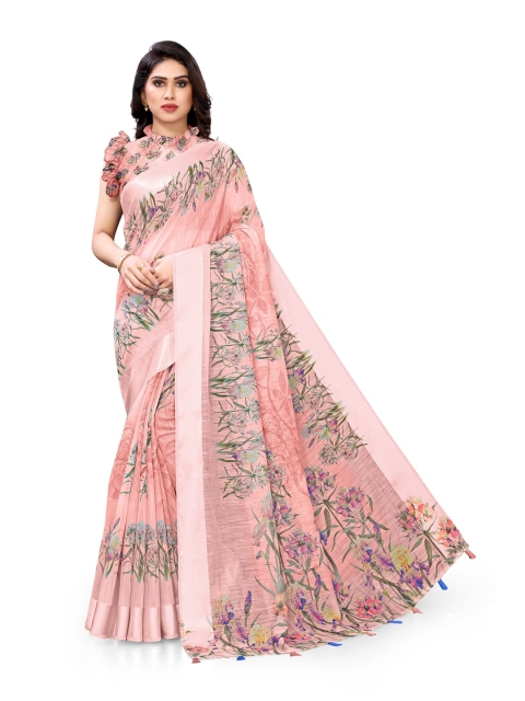 

MIRCHI FASHION Peach-Coloured & Green Floral Bagh Saree