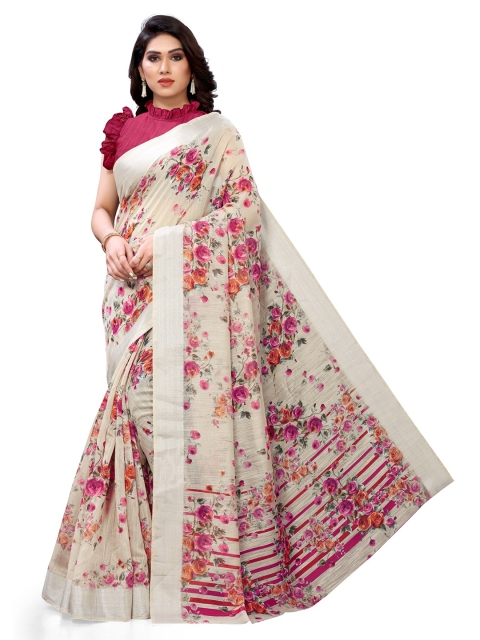 

KALINI Beige & Pink Floral Bagh Cotton Saree