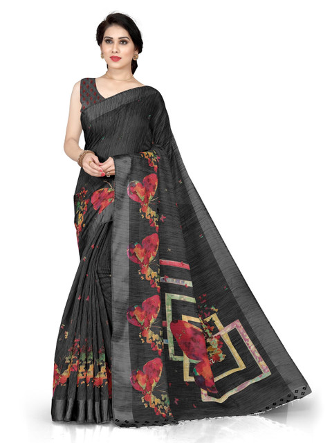 

KALINI Black & Red Floral Zari Poly Cotton Saree