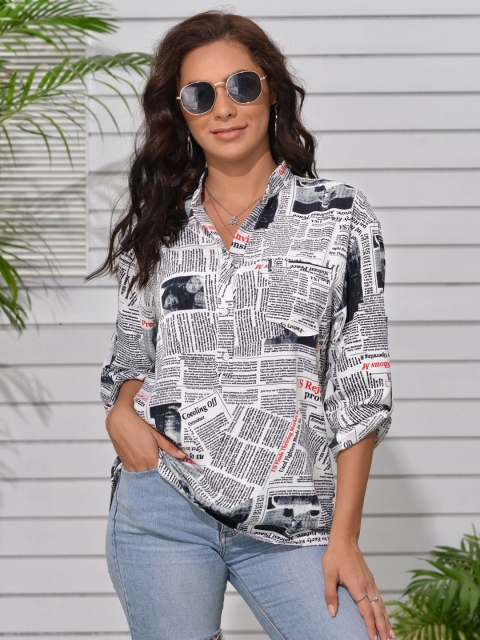 

URBANIC Women White & Black Newspaper Print Casual Shirt
