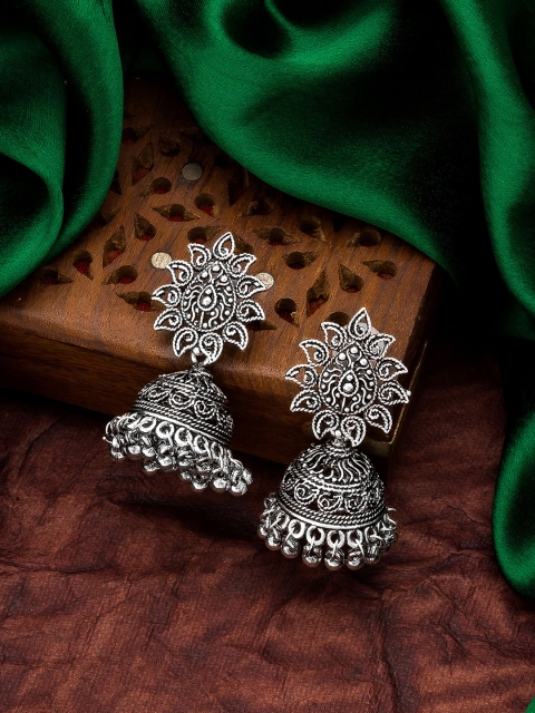 

aadita Silver-Toned Oxidised Dome Shaped Jhumkas