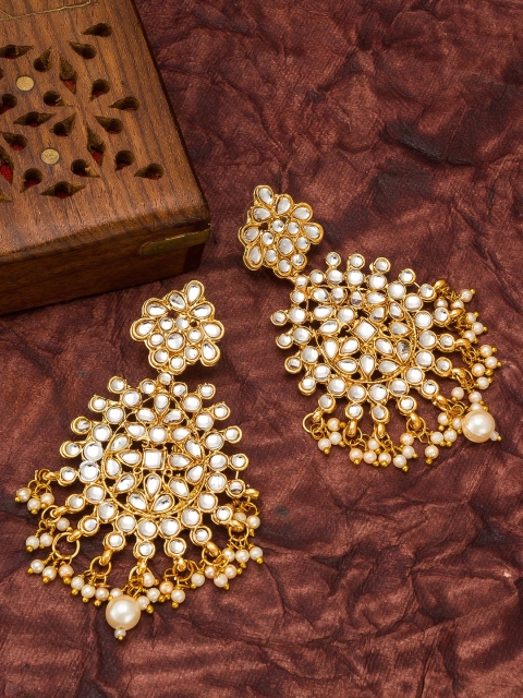 

aadita Gold-Plated Kundan-Studded & Beaded Classic Drop Earrings