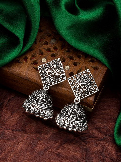 

aadita Silver-Toned Geometric Jhumkas Earrings